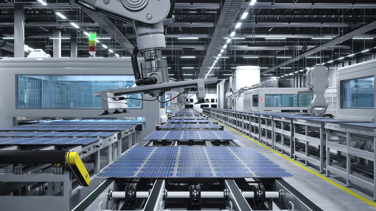 Solar panel factory with robotic arms placing pv panels on automation lines