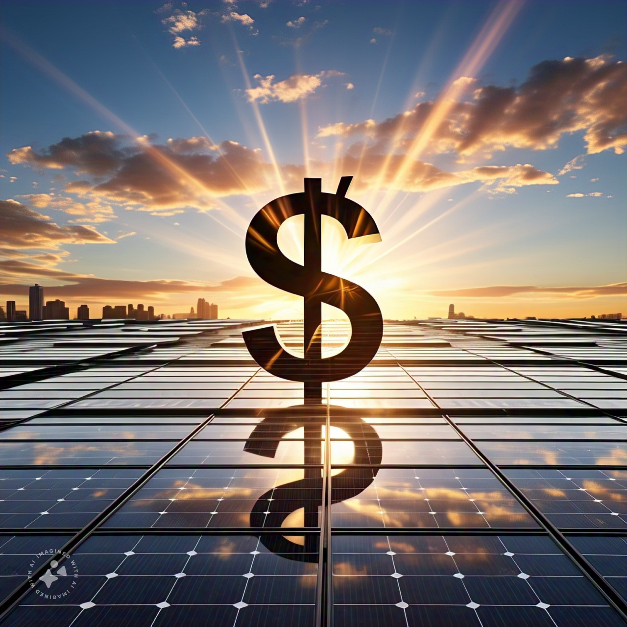 A vibrant rooftop in calgary covered in solar panels with a dollar sign to indicate financial incentives